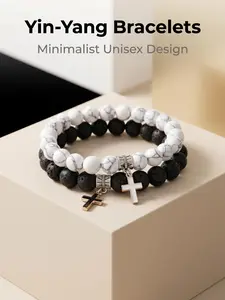 2 Pcs Cross Couple Bracelets Set, 8mm Natural Turquoise Volcanic Stone Stretch Beads, Simple Religious Jewelry, Gift for Valentine's Day