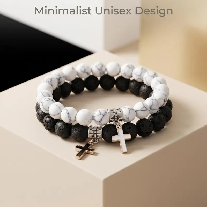 2 Pcs Cross Couple Bracelet Sets, 8mm Natural Turquoise Volcanic Stone Stretch Beads, Beaded Bracelets, Simple Religious Jewelry, Gift for Valentine's Day
