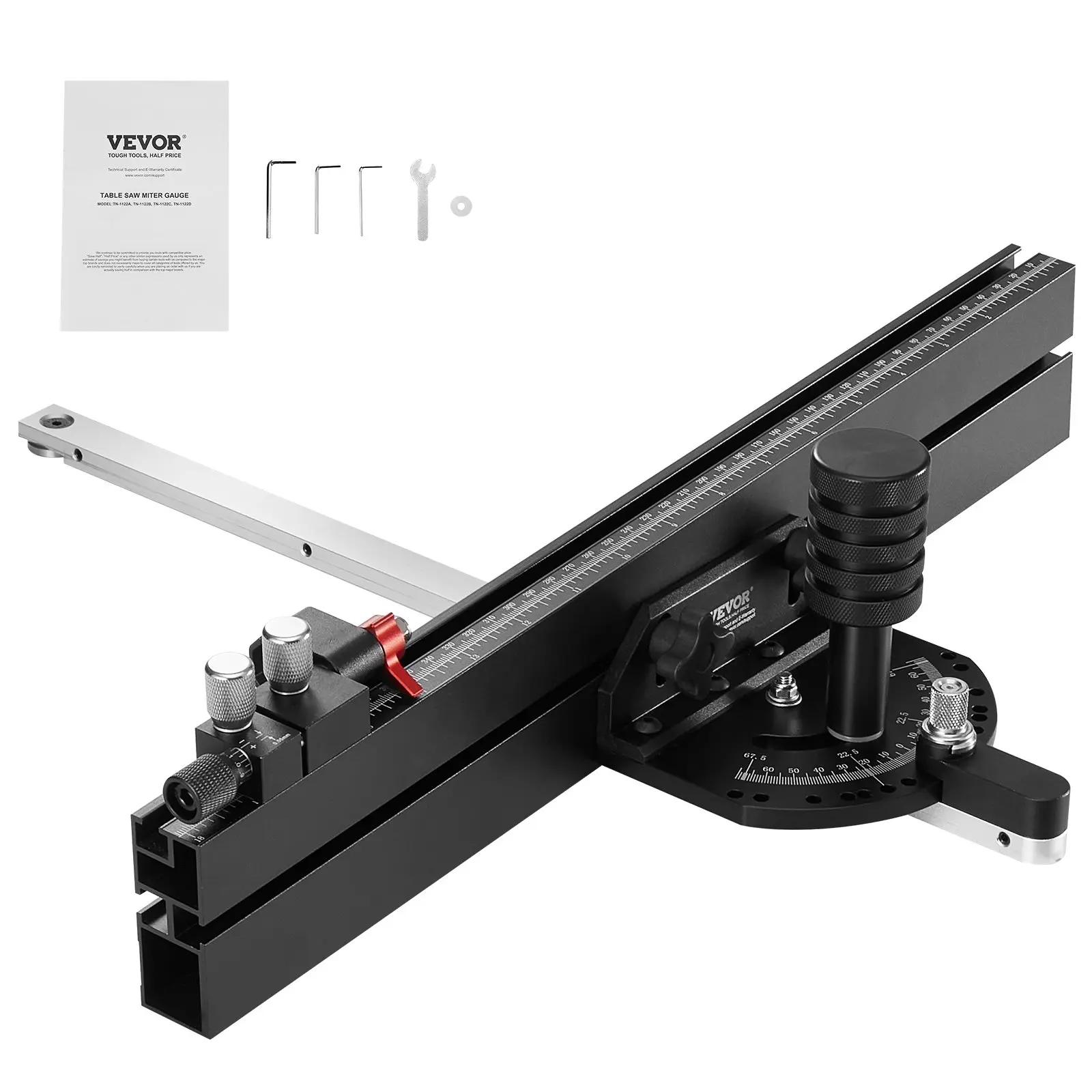 VEVOR Precision Miter Gauge, Standard Slot 3/4''x 3/8'', Aluminum Alloy Table Saw Miter Gauge with 18 in Grating 15 Angle Stops Adjustable Spring Loaded Plunger and Removable Disc, for Woodworking