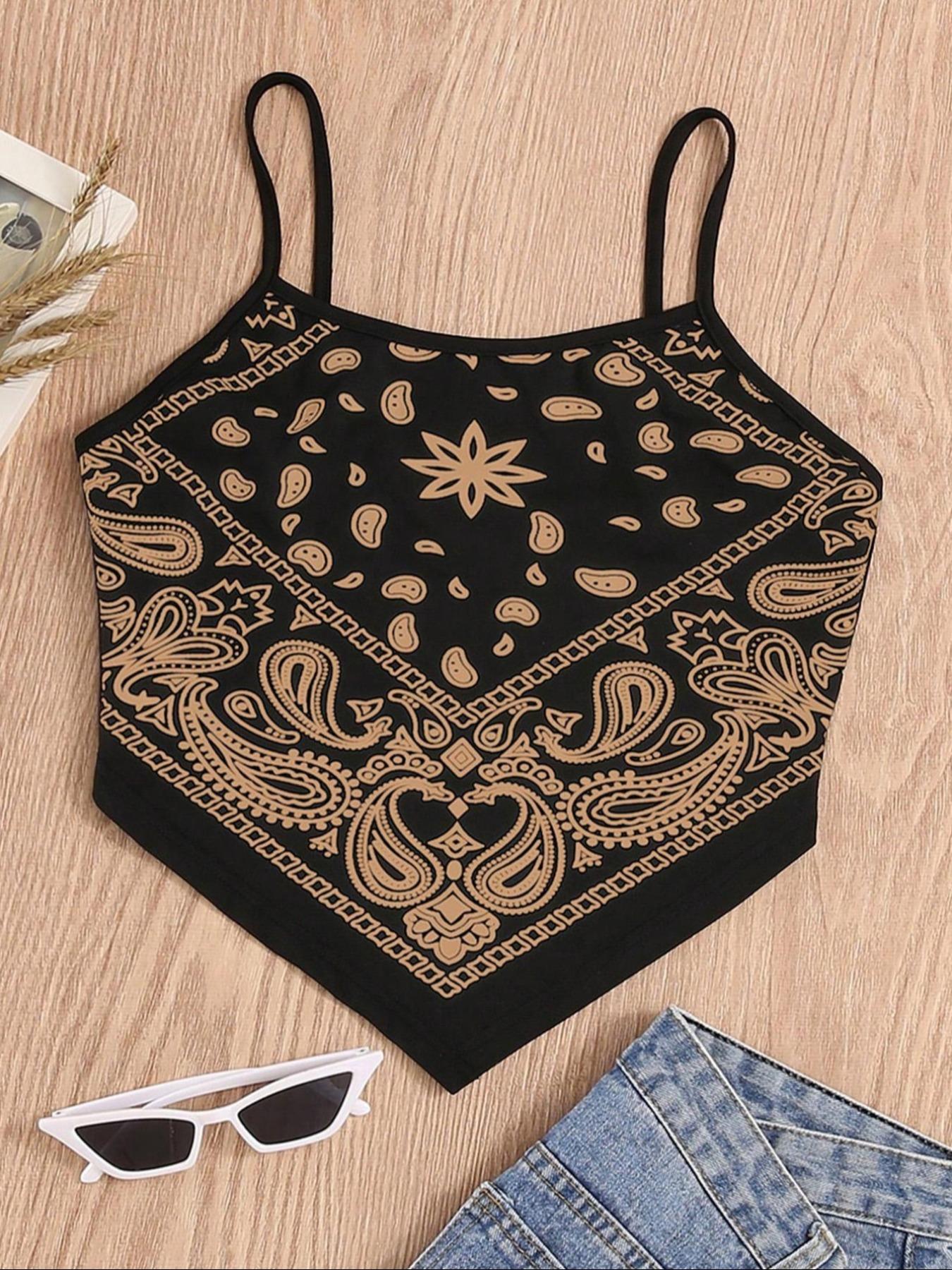 Women's Paisley Print Asymmetrical Hem Crop Cami Top, Summer Clothes Women, Boho Style Sleeveless Cropped Top for Summer, Fashion Casual Ladies Top for Beach Vacation Holiday