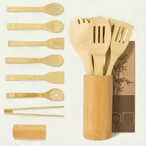 Cooking Utensils 8-Piece, Wooden Kitchen Tools with Holder, Natural Spatula & Spoon Kit with Turner, Slotted Spoon, Ladle, Tongs & Salad Fork