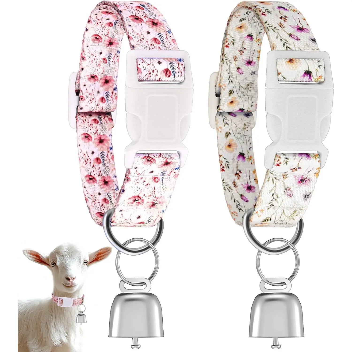 2 Pack Floral Goat Collars with Bells, Adjustable Nylon 13.7-20.5 in Anti-Lost Grazing Collar with Loud Copper Bell for Small Farm Goat Lamb Sheep Accessories, White Pink
