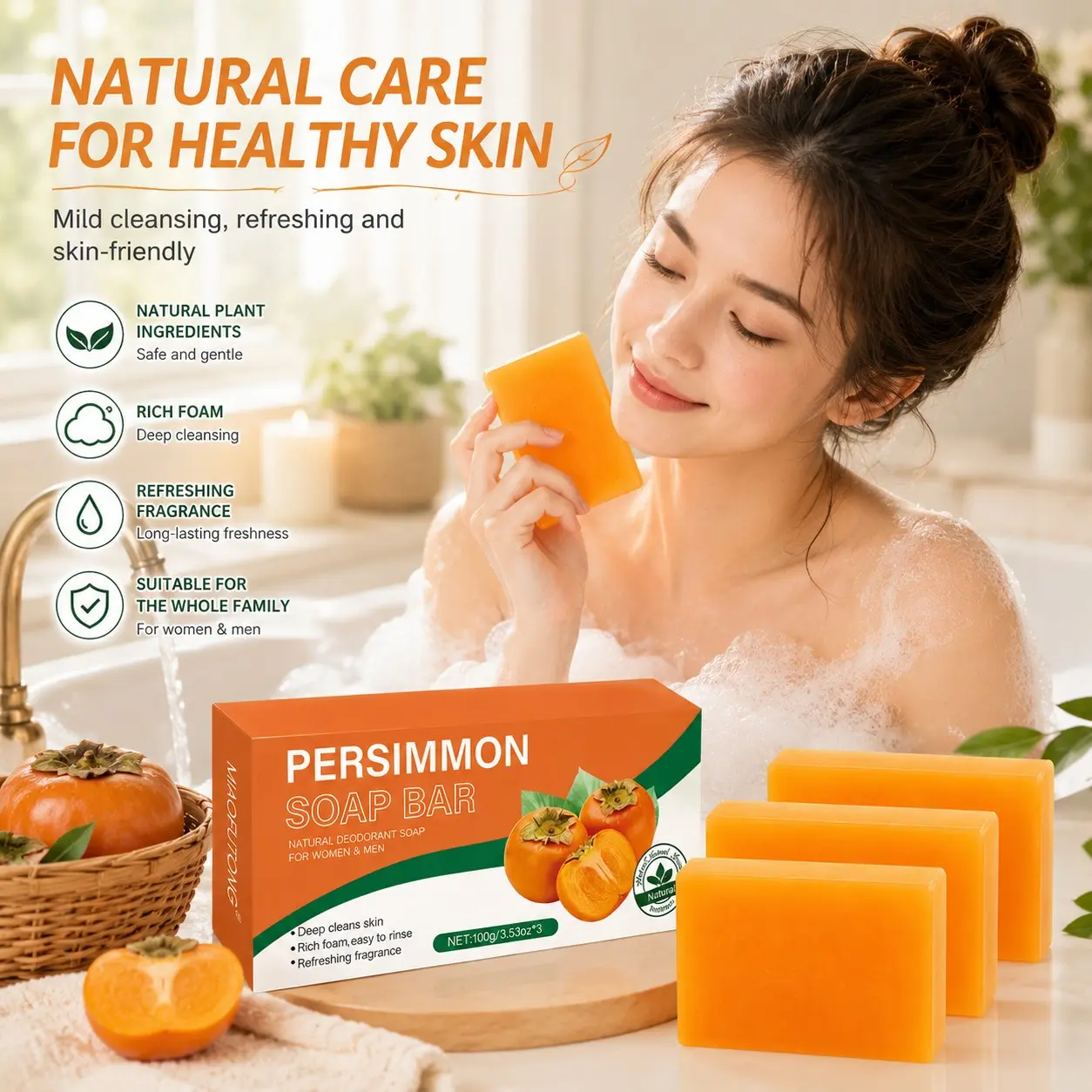 Box of 3 Persimmon Bath Soaps, Effective Body Odor Control, Deep Cleaning, Fragrant Soap, Underarm Freshness, Unisex Handmade Soap