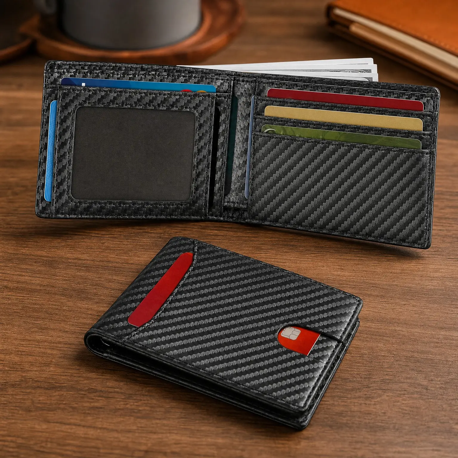 Men's Slim RFID Blocking Leather Bifold Wallet, Minimalist Front Pocket Card Holder, Holds 11 Cards, Large Capacity, Thin Profile, Birthday Gift for Men