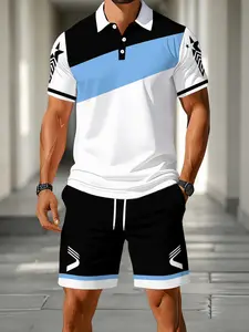 Men's Short Sleeve Polo Shirt Set, Digital Print Polo Top and Shorts, Summer Casual Streetwear, Two-Piece, Fashionable and Comfortable