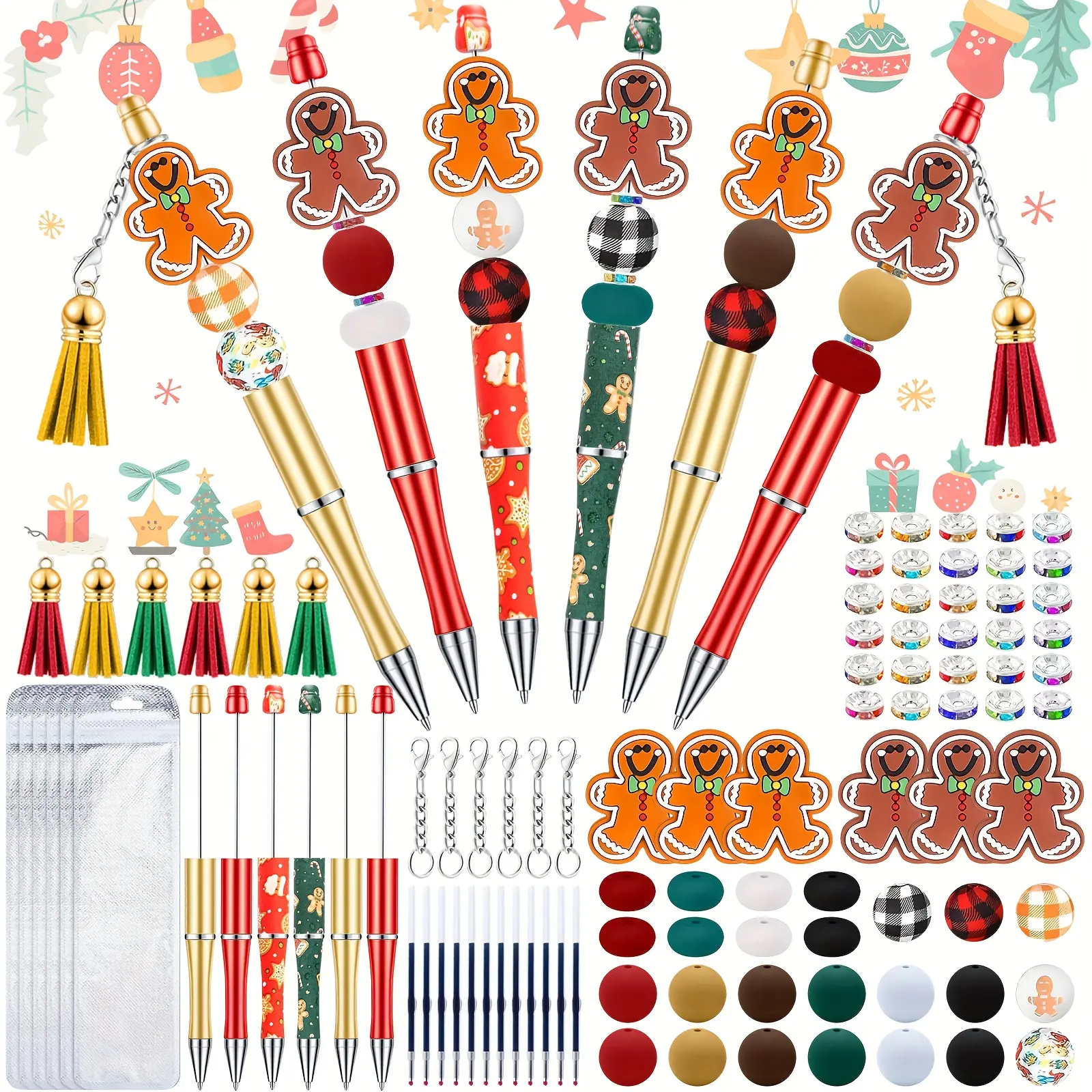 Beadable Pen Bead Ballpoint Pen Gel Ink Pen with Colorful Beads Rhinestone Beads for Xmas DIY Crafts Office Christmas Gifts Party Supplies