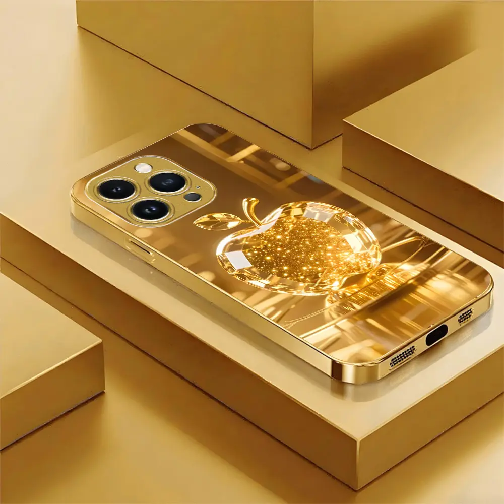 Suitable for [iPhone 13 Pro] 2026 New Gold Crystal Apple Glass Phone Case, Electroplated High Definition Glass Design Phone Protection Case - D139