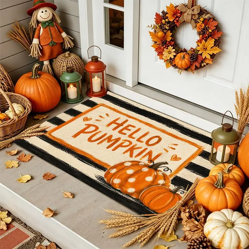 Flannel Floor Mat Flannel Floor Mat 1-piece set, non-slip welcome doormat, suitable for Thanksgiving, Halloween, autumn entryways, pumpkin print flannel with orange and black stripes in a rustic farmhouse style, machine washable, also suitable for Christm