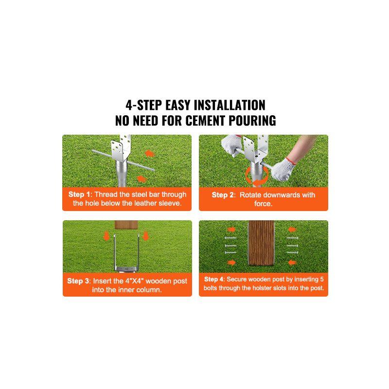 VEVOR No Dig Ground Anchor, 4 Pack 3.94x 2.76x 27.56 in DIY Screw in Post Stake, Includes 6 Lag Bolts a Rebar, U-Shape Heavy Duty Steel Post Holder, Great for Mailbox Posts and Fence Posts