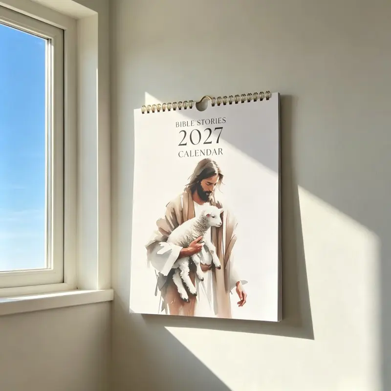 2027 Bible Story Wall Calendar with Watercolor Illustrations, Spiral-Bound Christian Themed Hanging Calendar, Faith-Based Home Decor and Gift, Inspirational Religious Artwork