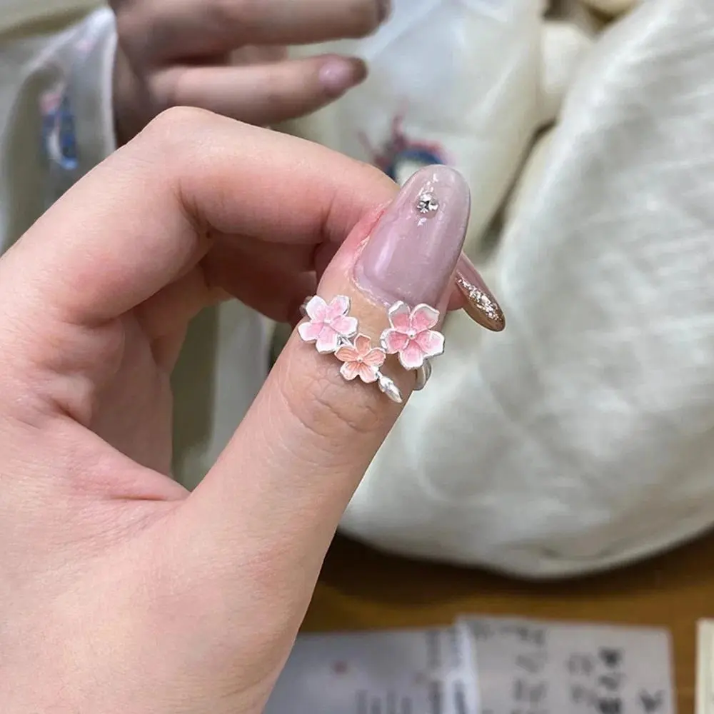 New Chinese-style Enamel-colored Cherry Blossom Openable Adjustable Rings for Women Sweet Temperament Stainless Steel Jewelry
