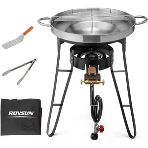 23" Concave Comal Set with 80,000BTU Propane Stove, Stainless Steel Discada Disc Cooker with Burner Stand for Backyard & Outdoor Cooking, Taco Para Cocinar Carnitas Tortillas Stir Fry Wok