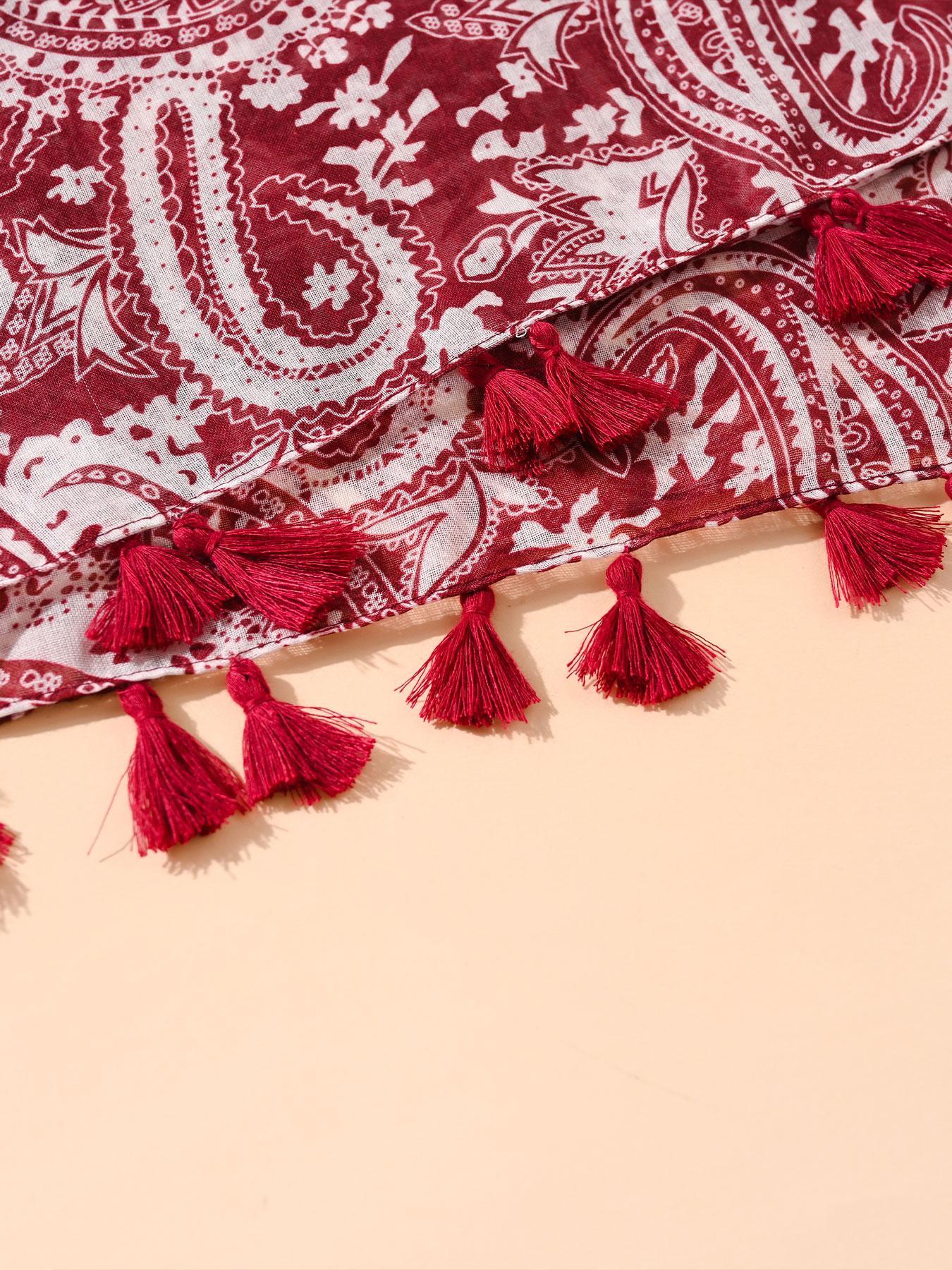 Women's Random Print Fringe Trim Long Scarf, Boho Casual Style Shawl for Beach Vacation, Fashion Accessories for Women & Girls