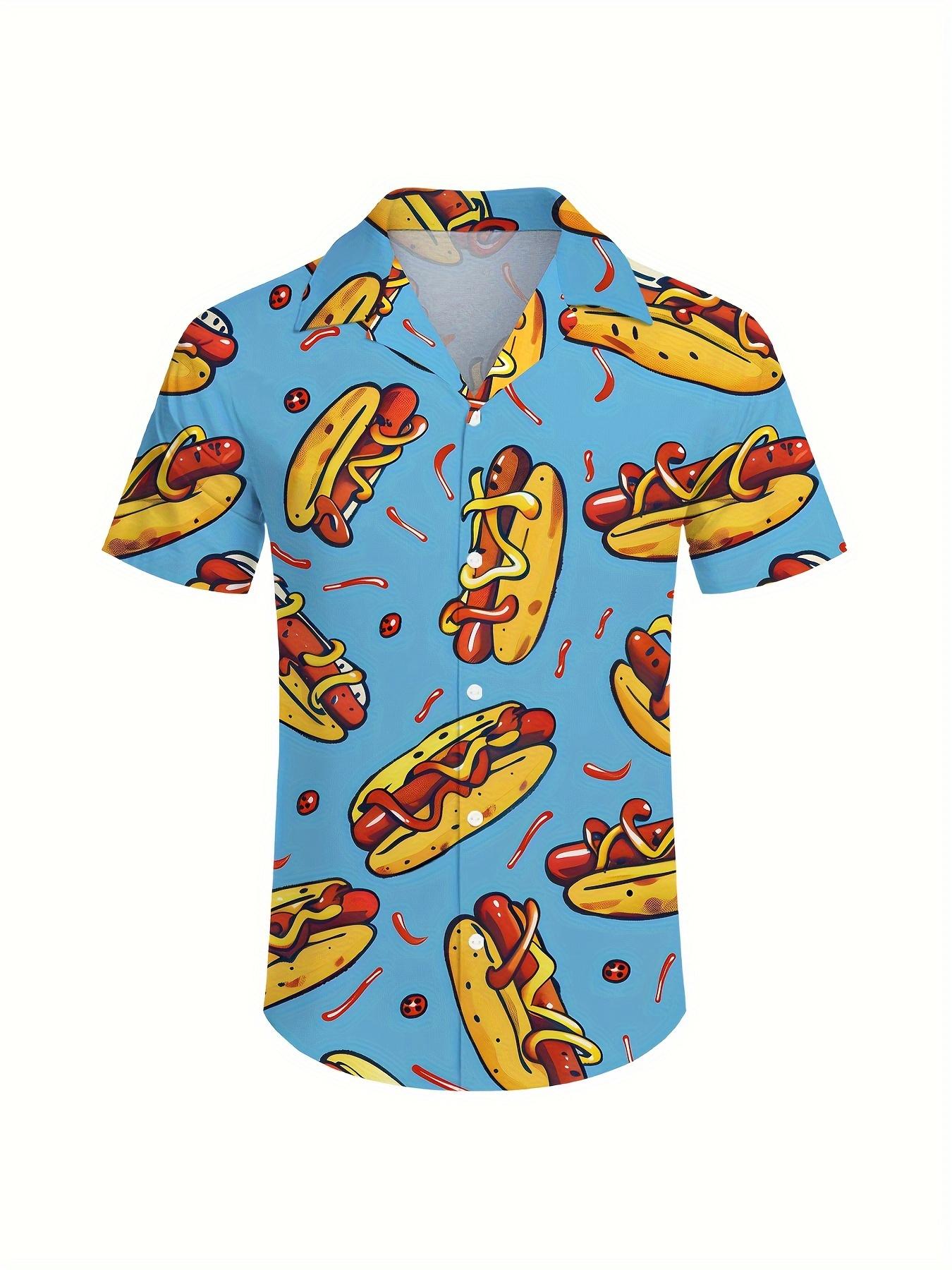 Men'S Three-Piece Vintage Beach, Featuring Hot Dogs And Ketchup Themed Activewear, Hawaiian Style Sports Outfit, Including a Shirt, Beach Shorts, And a Bucket Hat