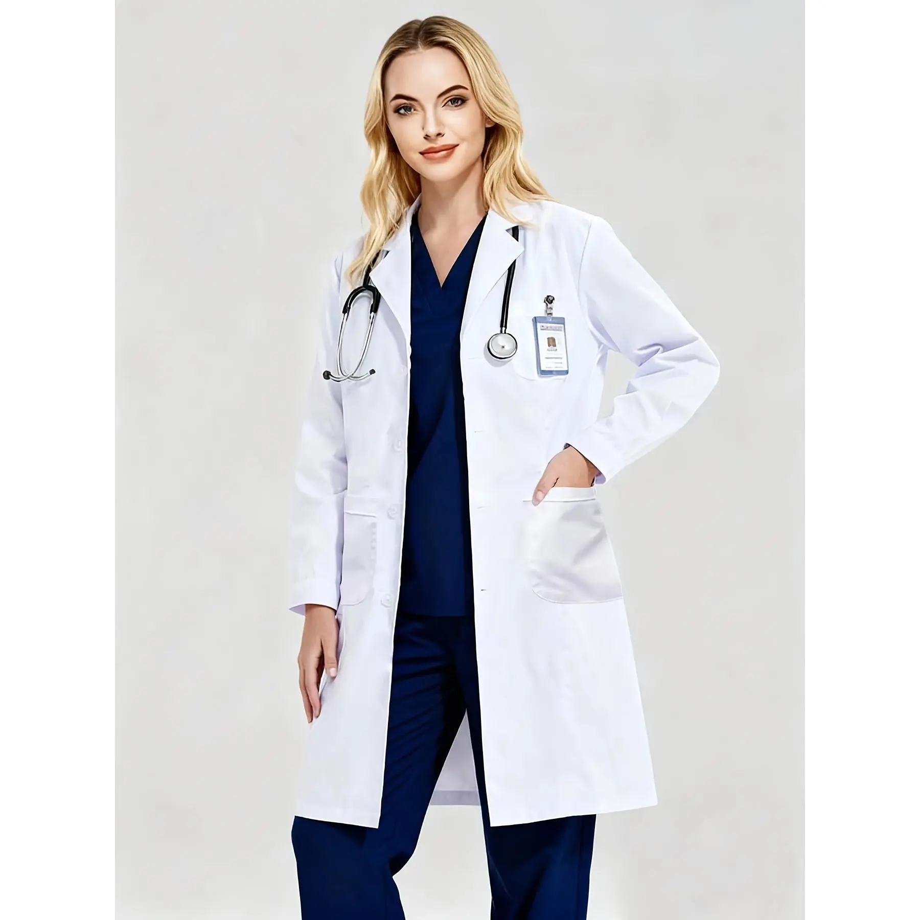 Chic Long Sleeve Polyester Fabric Multi-Pocket White Lapel Mid-Length Lab Coat - Laboratory Doctor Uniform Clothes, Role-Play Outerwear - Cherry, Women