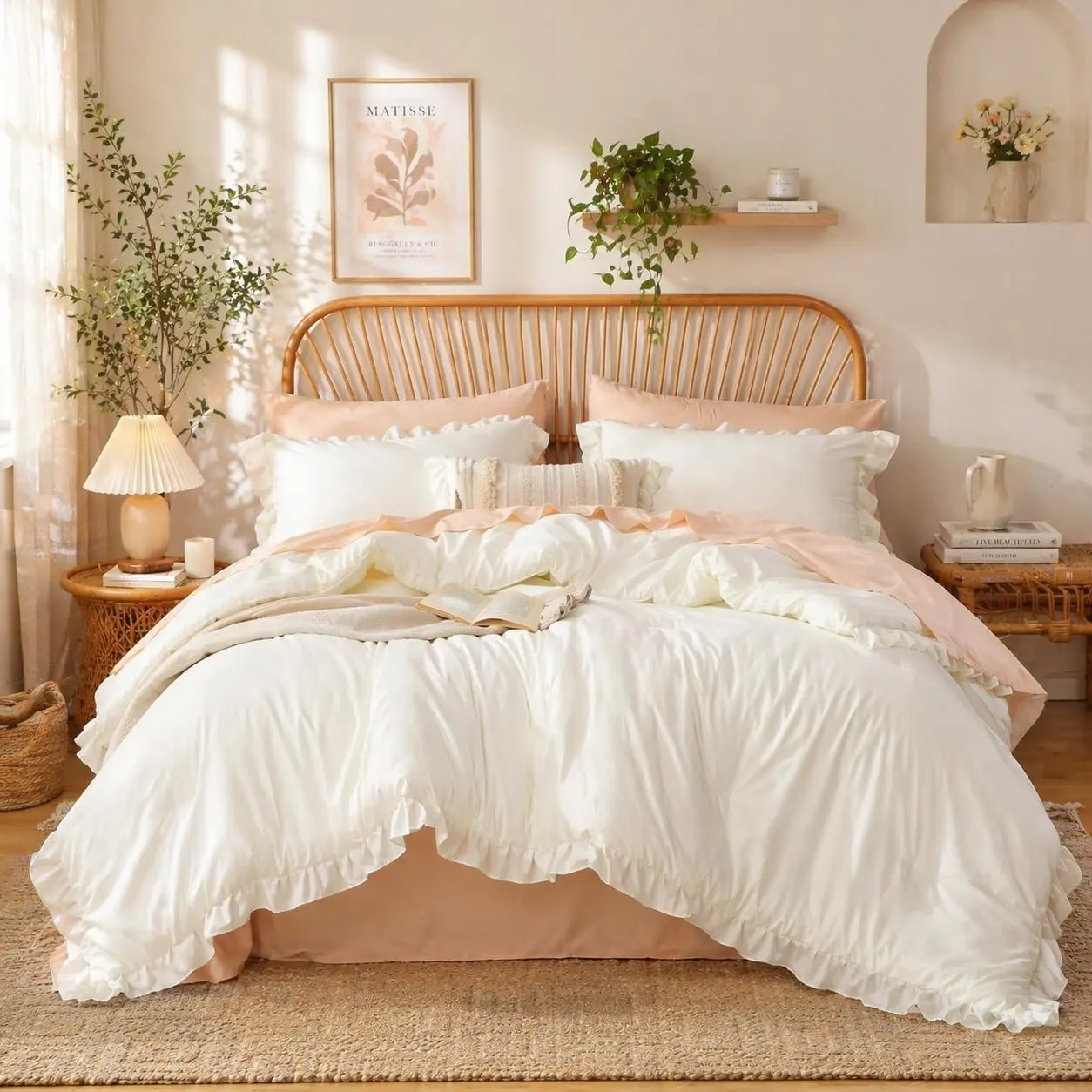 Creamy White Comforter Set Queen – Soft Microfiber, Lightweight All Season Bedding, Ruffle Shabby Chic Aesthetic, Breathable Cozy Bed Set with 2 Pillow Shams, Machine Washable