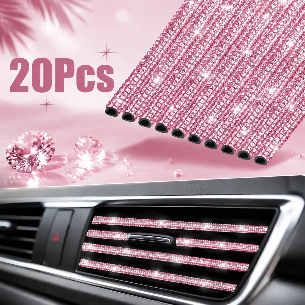 20Pcs Pink Rhinestone Car Air Vent Trim, Bling Crystal Car Interior Decor Strips, Sparkly Dashboard Air Conditioner Vent Accessories for Women, Girls, Car Owners, New Drivers, SUV, Sedan and Truck