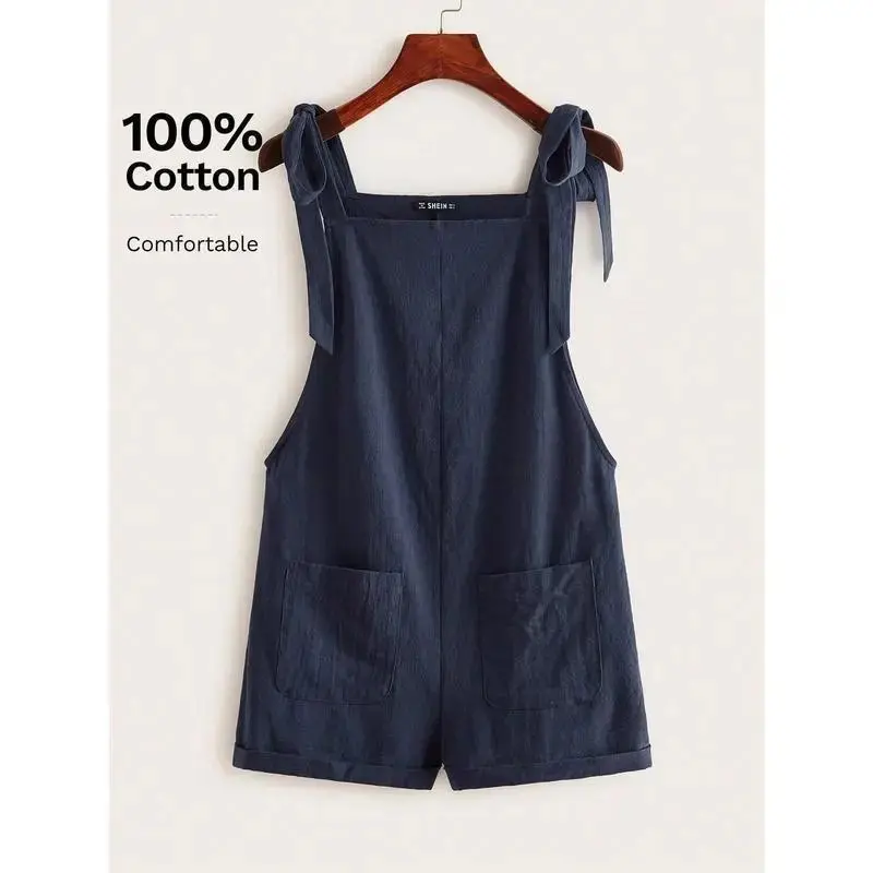 Summer Casual And Loose Black Knot Strap Pocket Patched Pinafore Short Romper Overalls Fit