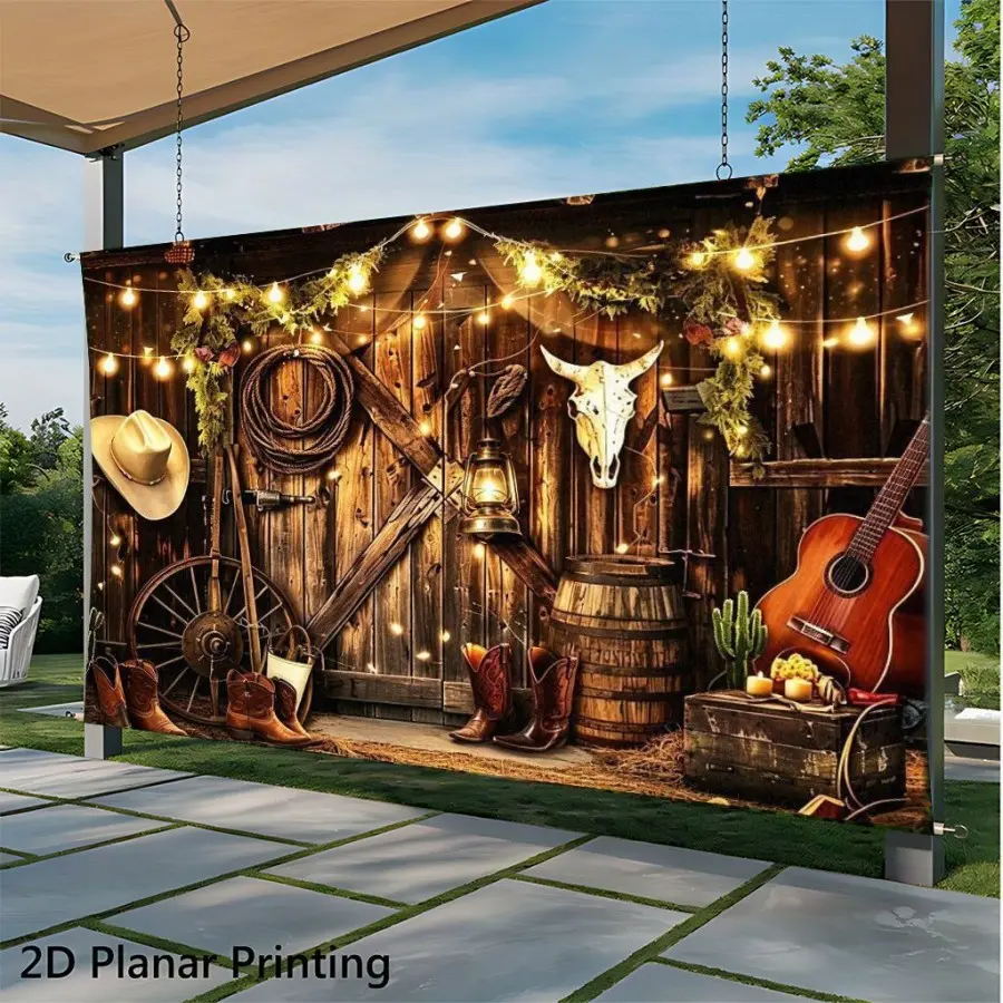 Western Cowboy Barn Background Banner, Retro Log Cabin Cow Head Guitar Boot Party Backdrop, Polyester, Indoor Outdoor Photo Backdrop, Birthday Party Decor