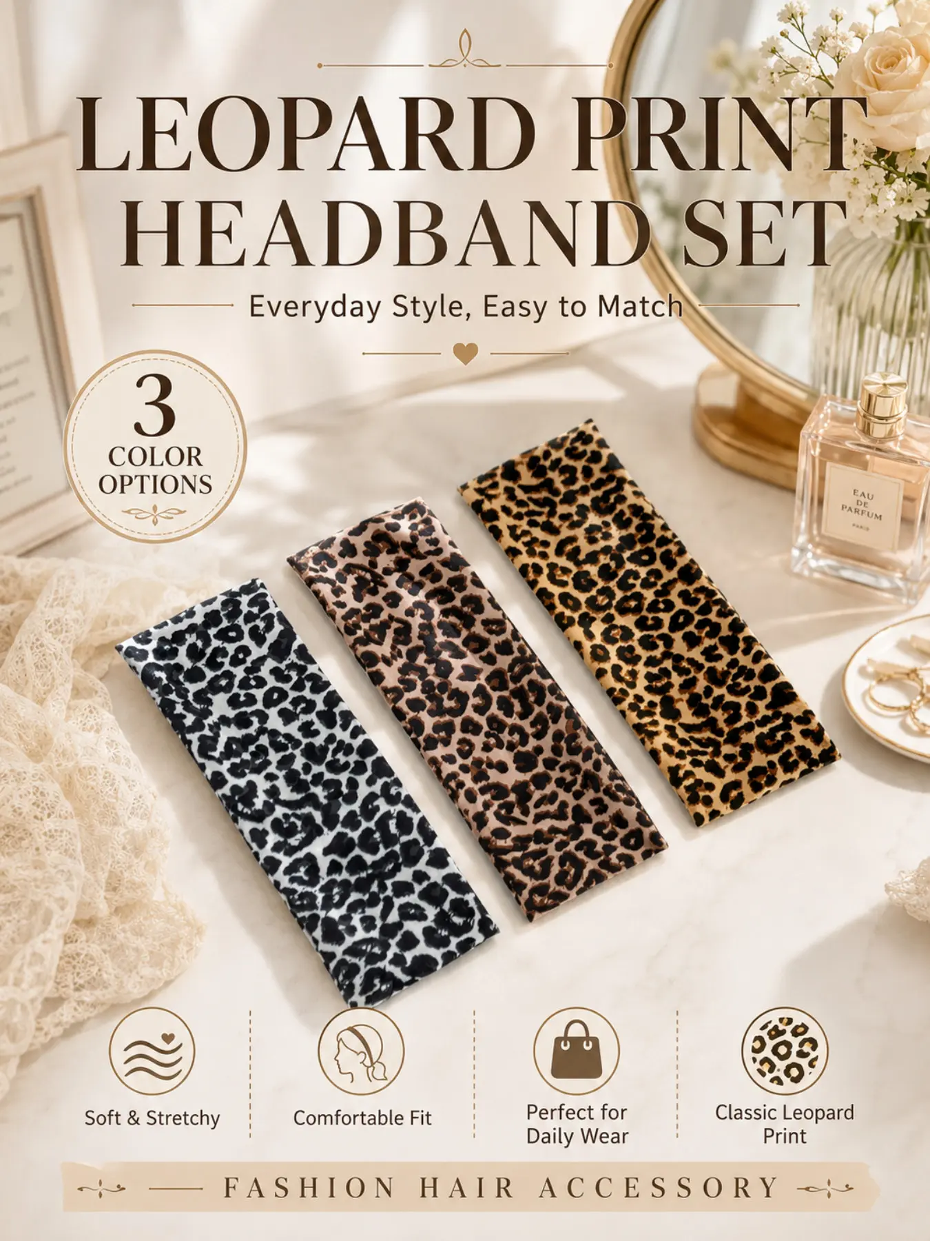 3 Multi Colored Leopard Print Workout Headband for Women, Skin Friendly Texture, Face Wash, Soft Fabric, High Elasticity, Sweat Absorbing and Fixing Headbands, Chic Headbands, Hairbands