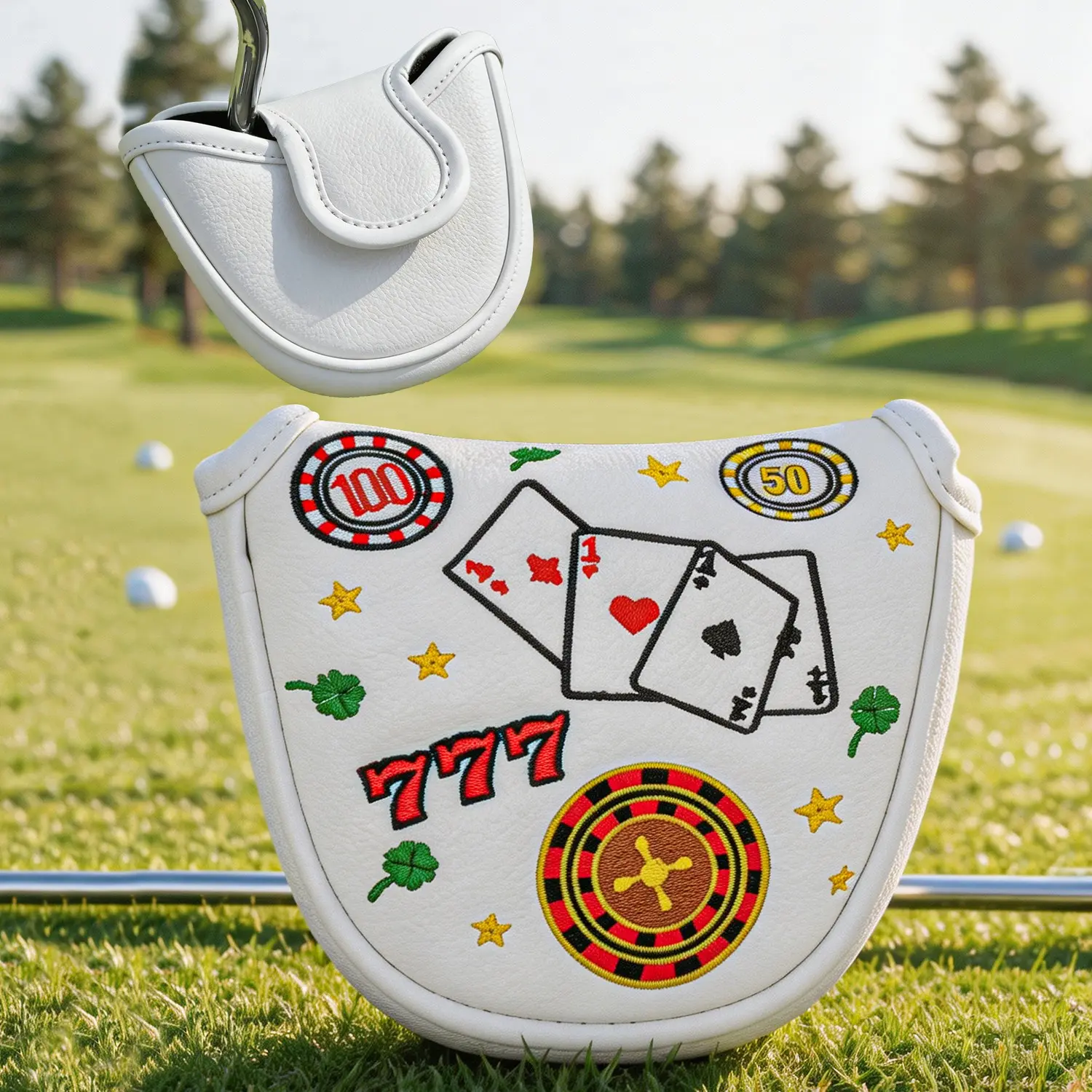 1pc Playing Card Embroidery Golf Club Head Cover, Semi-Circular Mallet Putter Cover, Waterproof PU Material, Magnetic Closure, Unisex Design, Golf Accessories