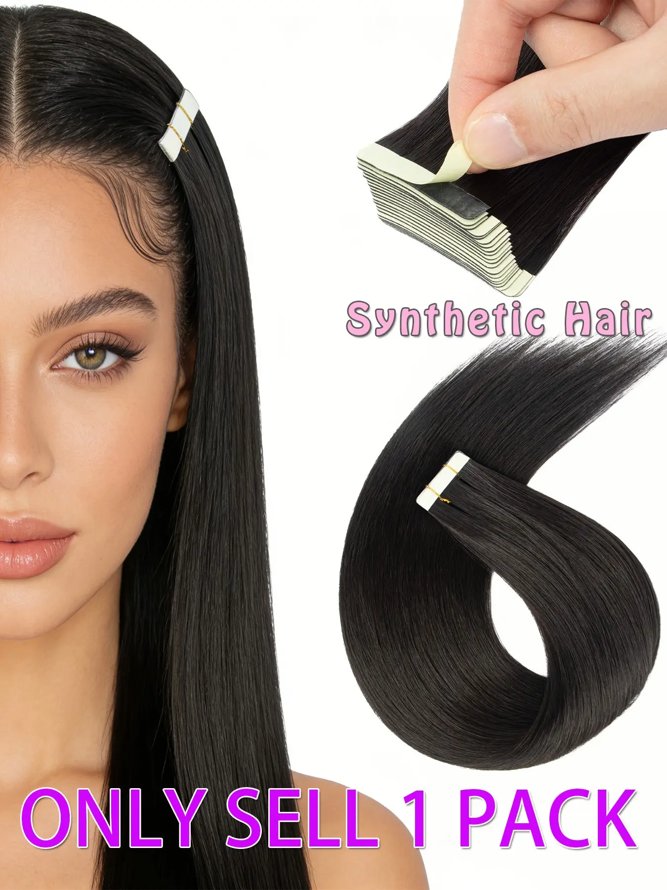 20pcs Tape-In Synthetic Hair Extensions, Synthetic Hair Pieces, Black, Seamless Tape Extensions for Volume, Length, Highlights, Damage-Free Application and Removal, Suitable for All Hair Types, Natural Look, Seamless Straight Extensions