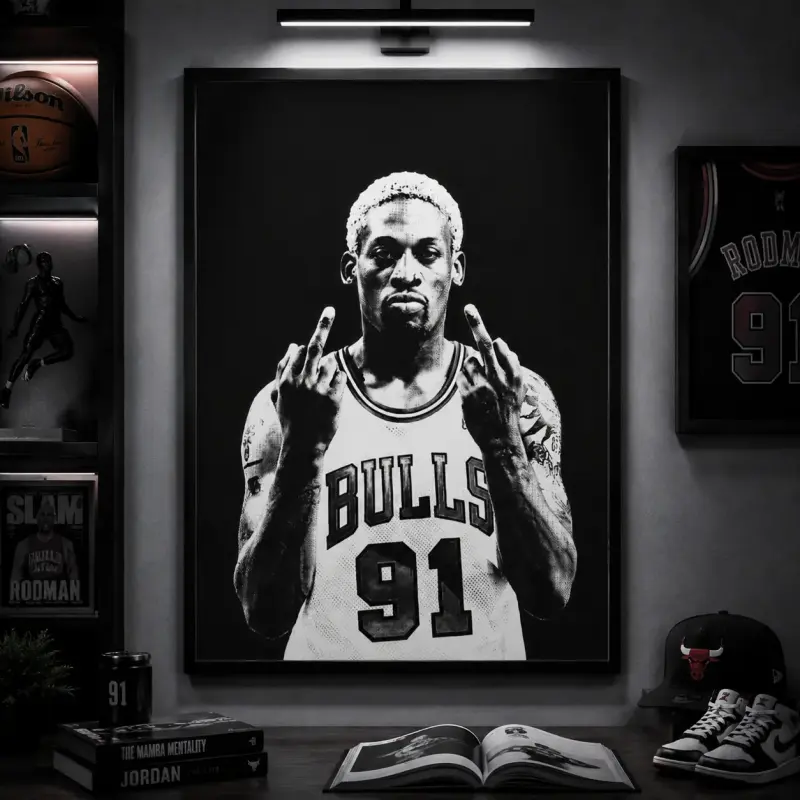 Dennis Rodman Chicago Bulls 91 Canvas Wall Art Poster NBA Basketball Black White Aesthetic Sports Decor Bedroom Living Room Man Cave Gift for Basketball Fans Iconic Defensive Legend Motivation Street Art Print