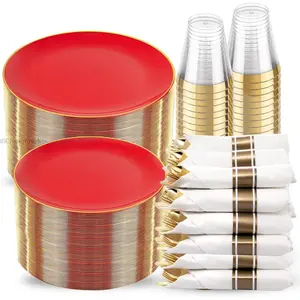 350PCS Red Plastic Plates - Heavy Duty Red Plates Disposable - 50Guest Christmas Dinnerware Include 50Dinner Plate,50Dessert Plate,50Pre Rolled Napkins with Silverware for Christmas&PartyH5ClosetCrush
