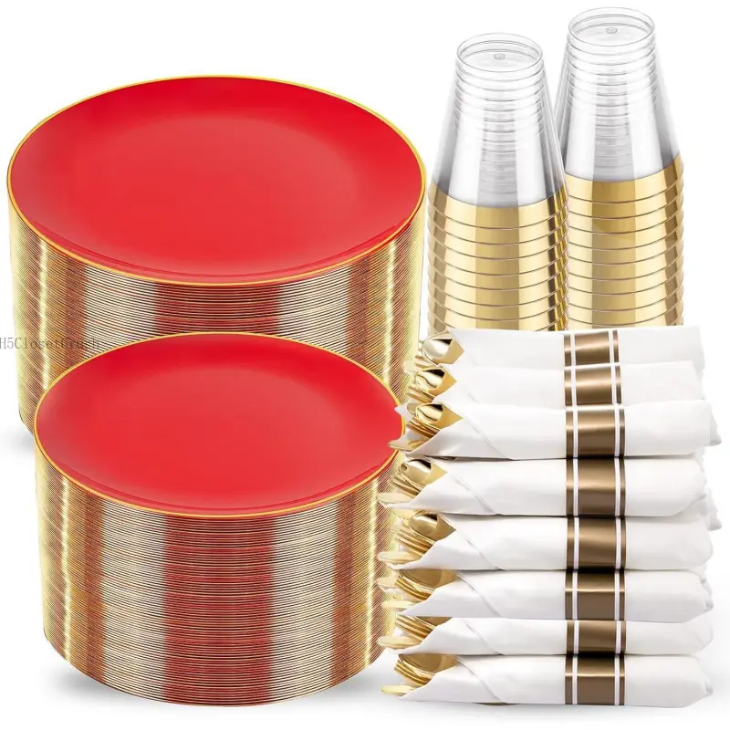 350PCS Red Plastic Plates - Heavy Duty Red Plates Disposable - 50Guest Christmas Dinnerware Include 50Dinner Plate,50Dessert Plate,50Pre Rolled Napkins with Silverware for Christmas&PartyH5ClosetCrush
