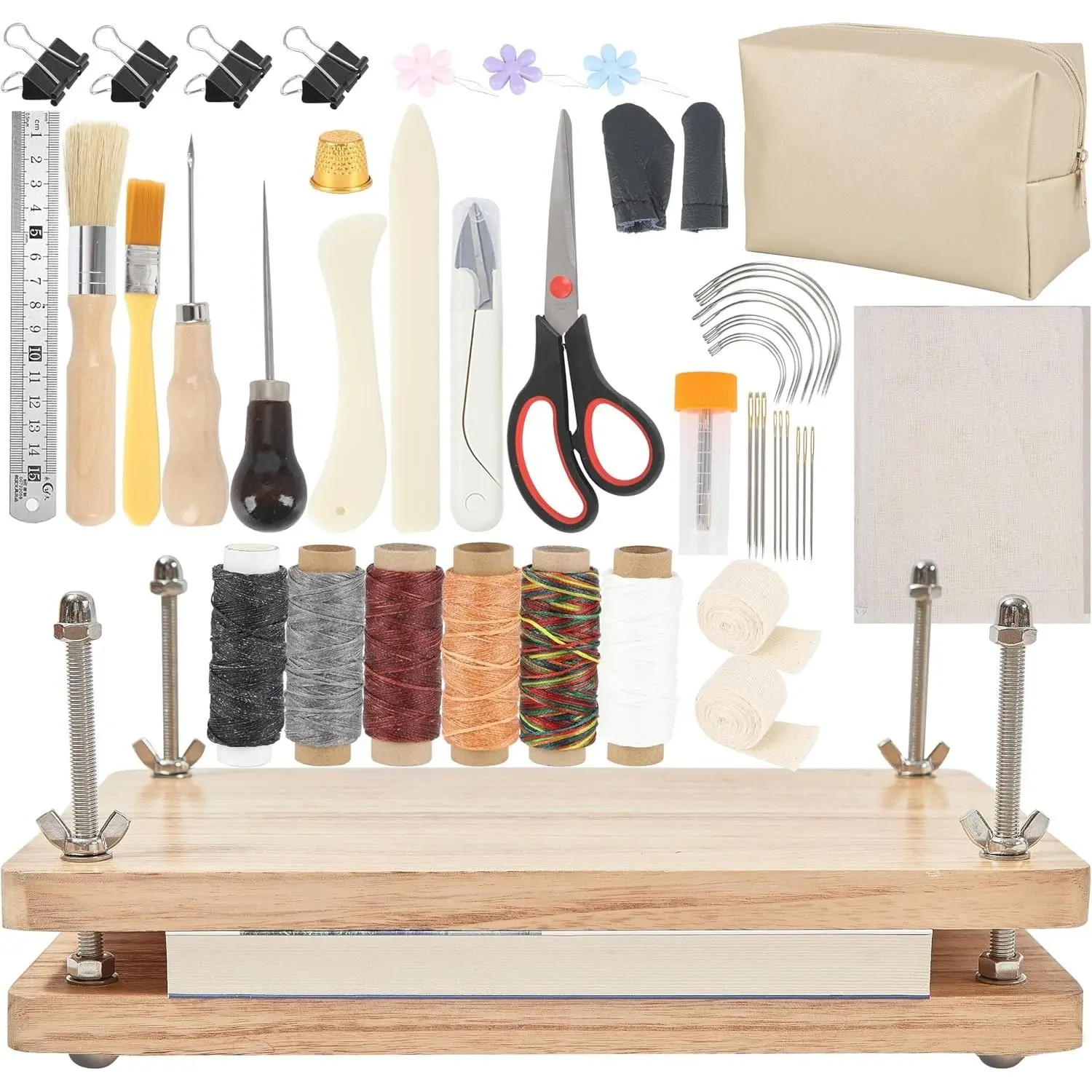 50 Pcs Book Binding Kits, 13"x7.9" Inch Wooden Book Press，Books Binding Materials, with Bone Folder, Awl, Needles for DIY Bookbinding, Book Repair, Handmade Crafts