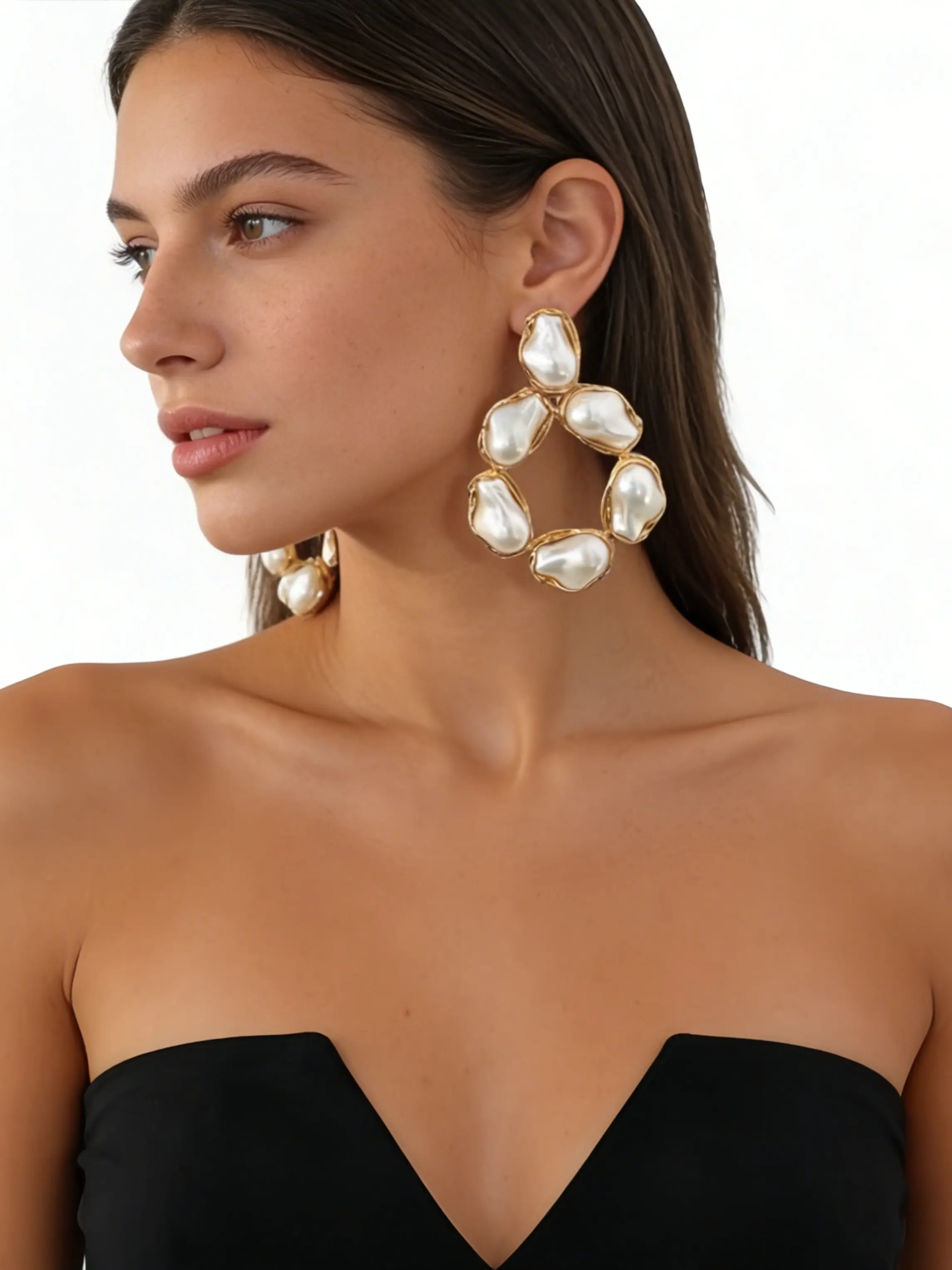 Unique Retro Asymmetric Baroque Hoop Earrings, Faux Pearl, Luxurious Metal Trim, Boho Style, Perfect for Parties and Evening Events