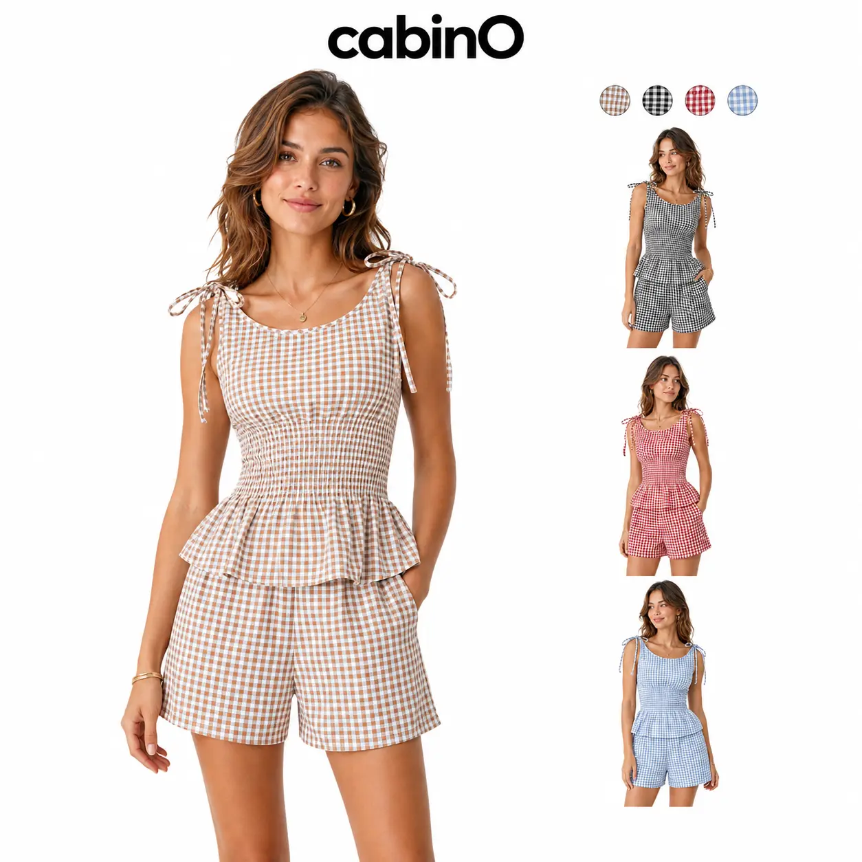 Cabino Women’s Brown Gingham Two-Piece Shorts Set, Adjustable Tie-Shoulder Smocked-Waist Peplum Tank Top and Elastic-Waist Shorts Outfit for Summer Vacation, Casual Daily Wear and Lounge