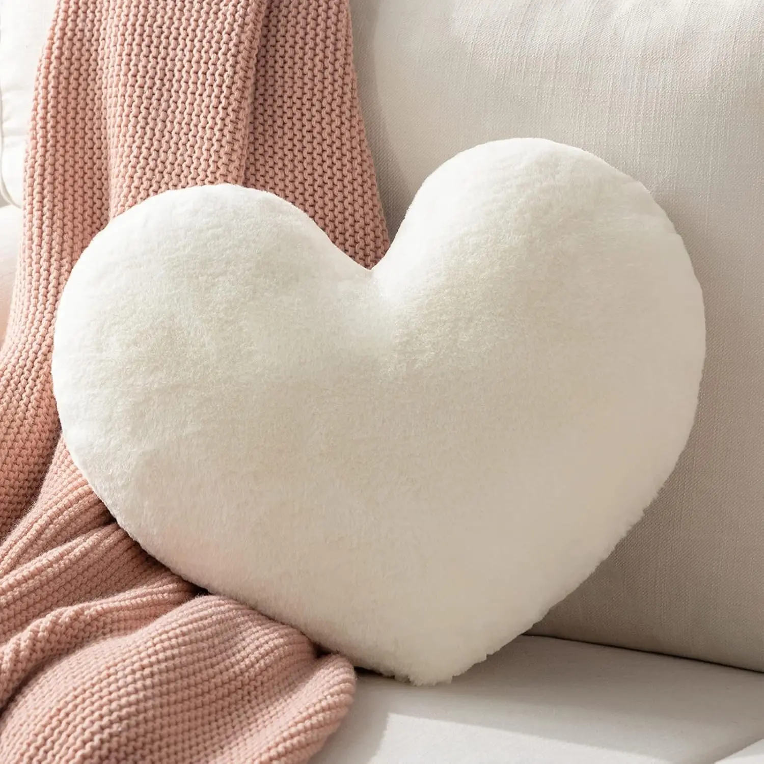 Ashler 3D Heart Shaped Throw Pillow, Faux Rabbit Fur Off-White Plush Decorative Cushion, Soft Love Heart Accent Pillow for Couch Sofa Bedroom Living Room, 15 x 17 Inch