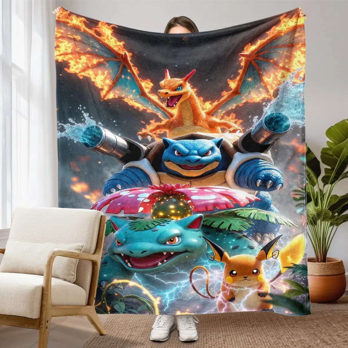 1pc Pokemon Starters Pikachu 3D Fleece Blanket, Charizard Blastoise Venusaur Fire Water Lightning Cool Effect Print. Soft Warm Throw for Sofa, Bed, Office, Leisure Space, Camping Trip, Ideal Christmas & Birthday Gift.