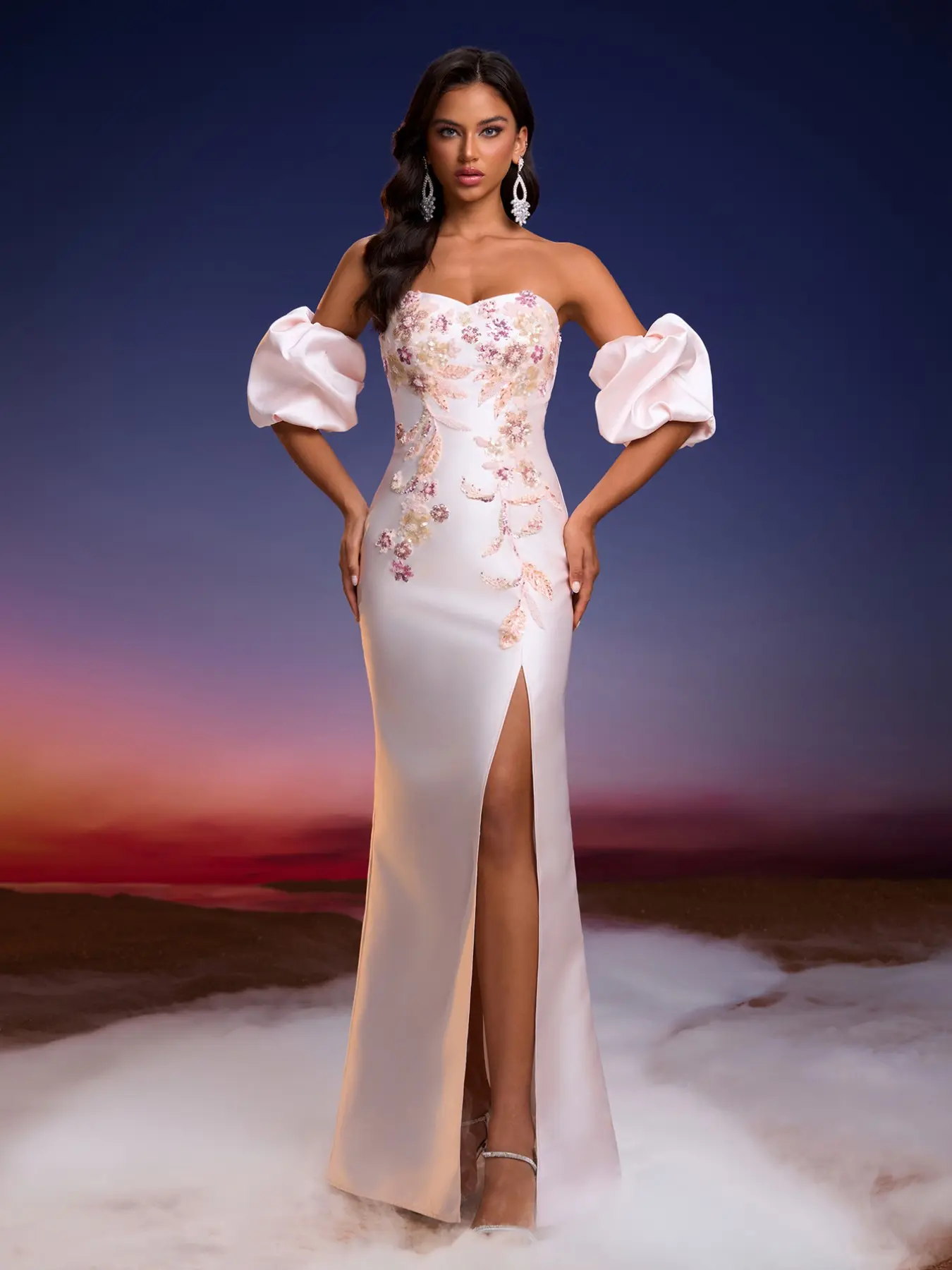 Elegant Strapless Split Dress, Handmade Floral Design, Elegant Formal Evening Wear Gown, Perfect for Wedding Guests, Unique Bridal Guest Attire, Stylish Evening Gown