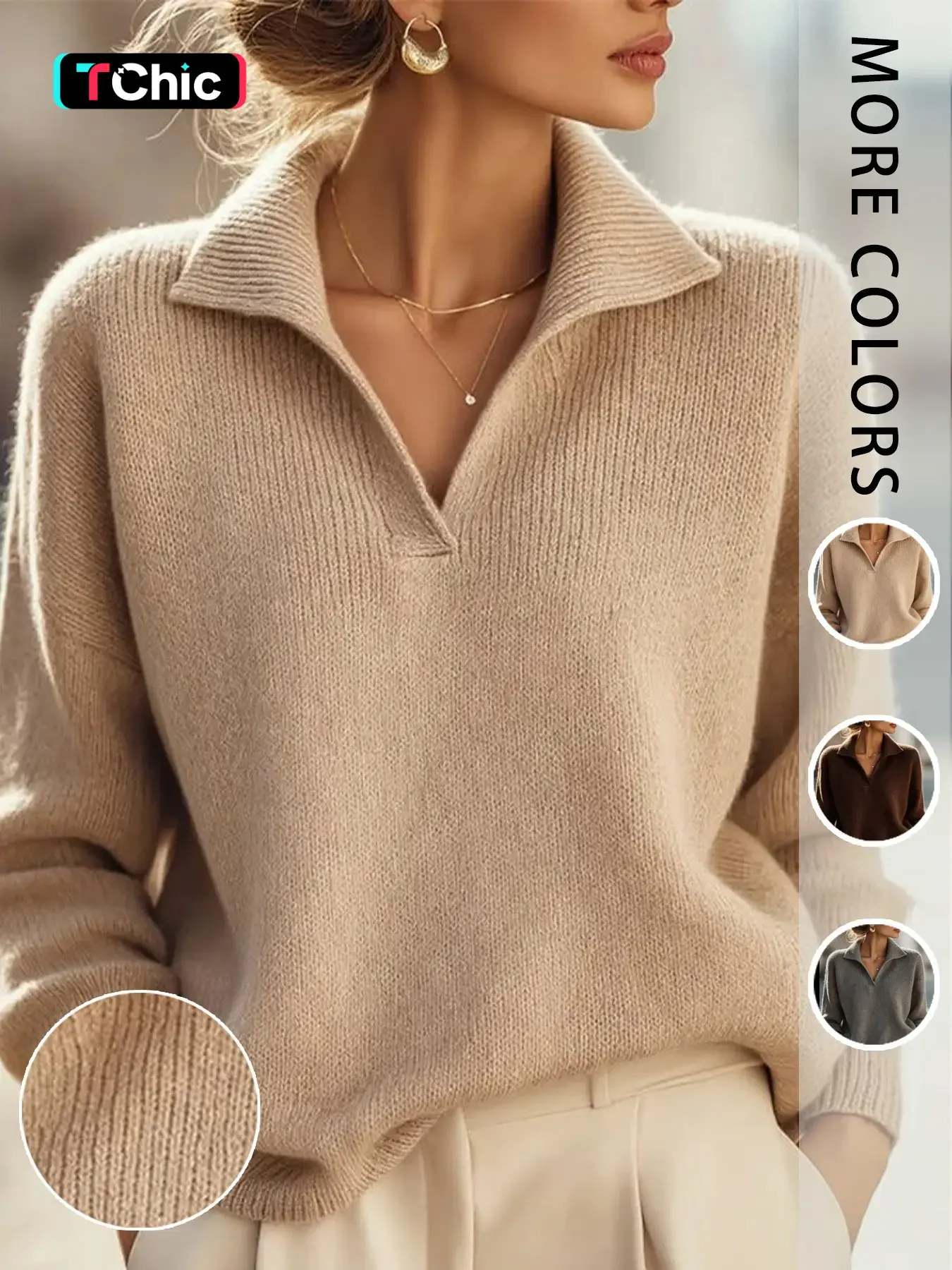 Women's Lapel V-Neck Knit Sweater, Loose Fit Casual Long Sleeve Top, Fall Winter Fashion, Comfortable Pullover for Daily Wear
