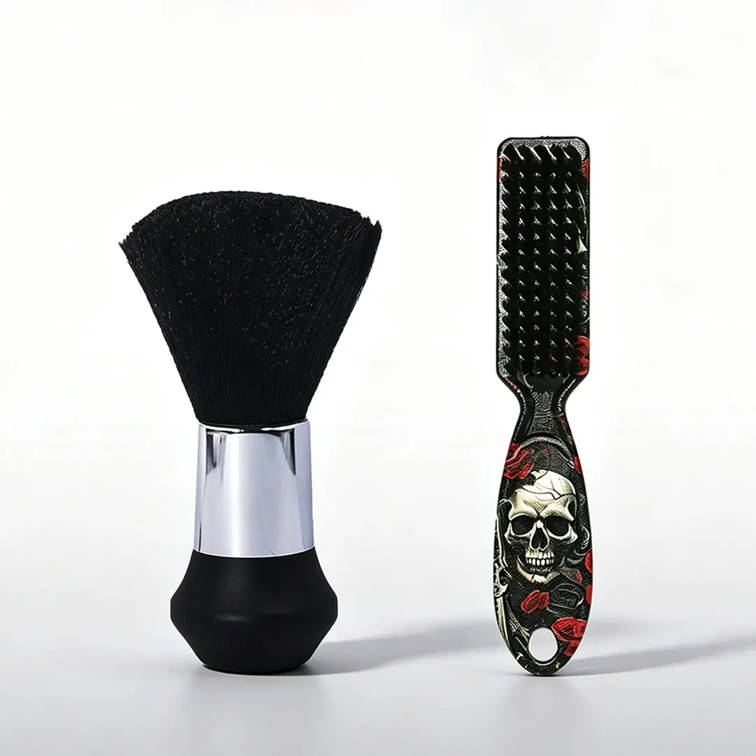 2-Piece Hair Styling Tool Set, Kits, Skull Rose Pattern Oil Brush & Cleaning Brush, Soft Bristle Face Dust Brush, Portable Design for Home & Salon Use
