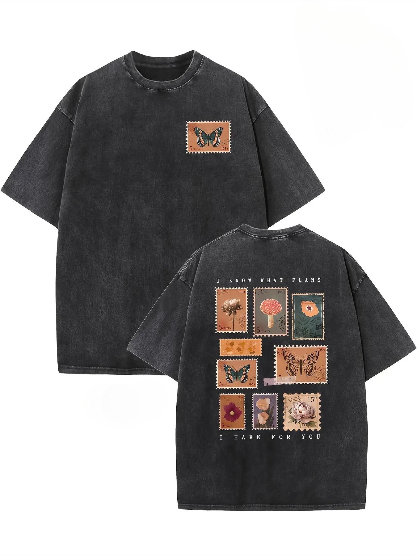 valentine shirts Retro Vintage Creative Pattern "I Know A Plans" Washed T-shirt Double-sided Printed T-shirt Heavy 230g Pure Cotton Falling Shoulder T-shirt Men's Retro Street T-shirt Basic T-shirt Loose Hip Hop Universal Top Washed Retro T-shirt