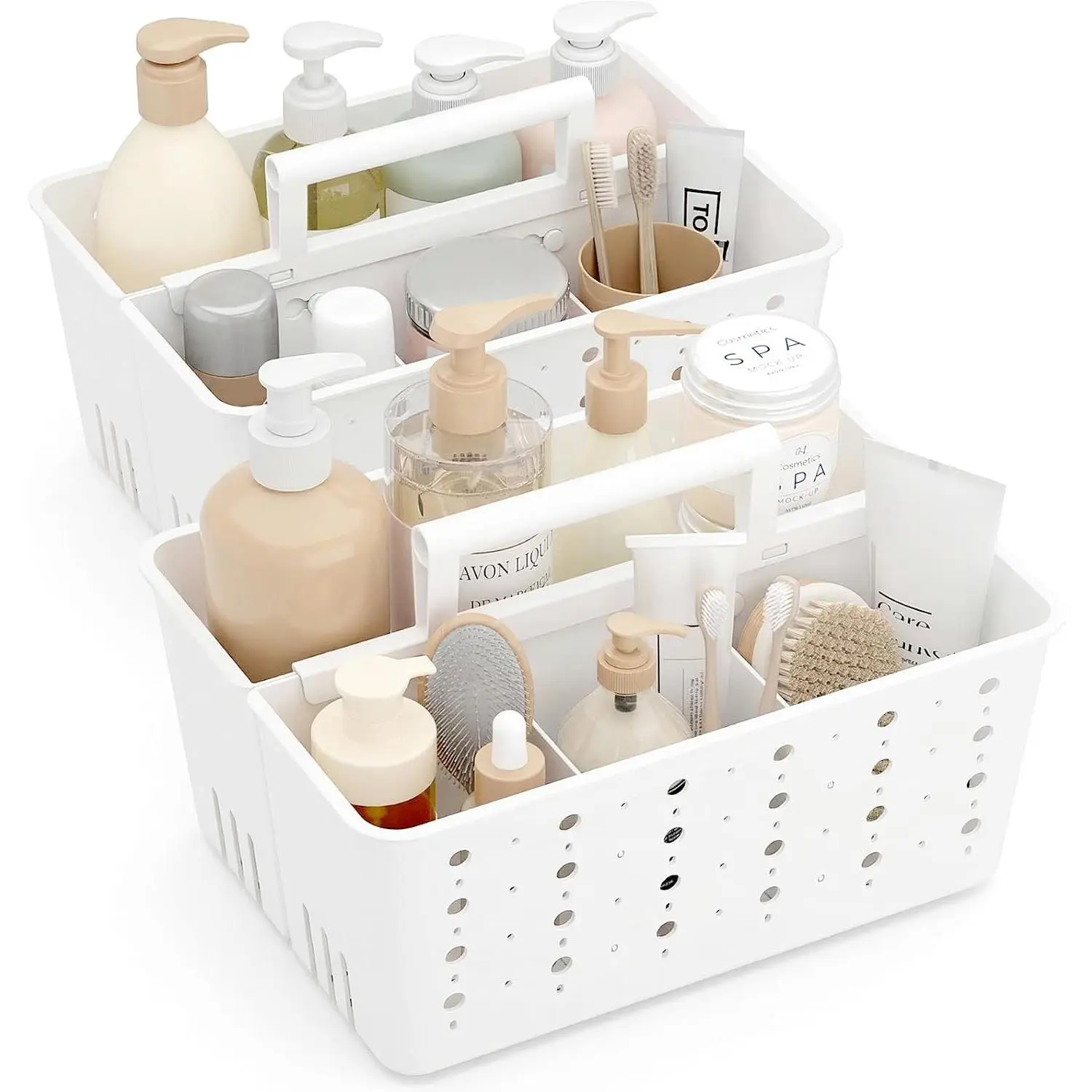 Shower Caddy Portable, Caddy Organizer with Handle and Adjustable Dividers, Plastic Shower Basket for Dorm Room Essentials, College, Bathroom, White, 2 Packs