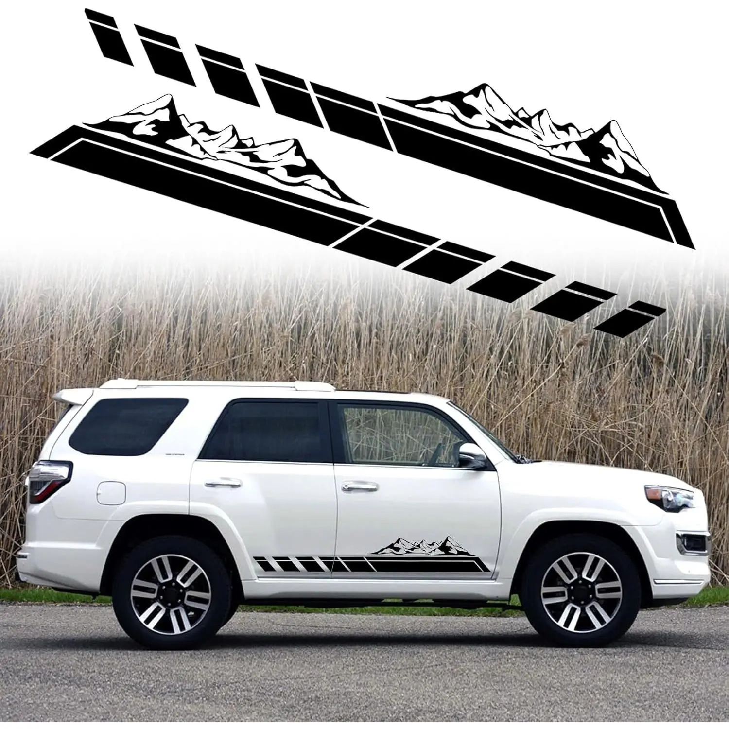 RUIANTE 2pcs Mountains Forest Graphic Stickers Car Body Door Side Decals Auto Long Stripes Vinyl Decal Racing Accessories for Car Pickup Truck SUV Camper Trailer Universal (Black)