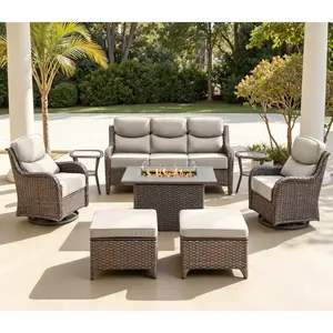 [4 Packages Shipping]Belord 7-Piece Wicker Patio Fire Pit Set, Sofa & Swivel Chairs, NT Series