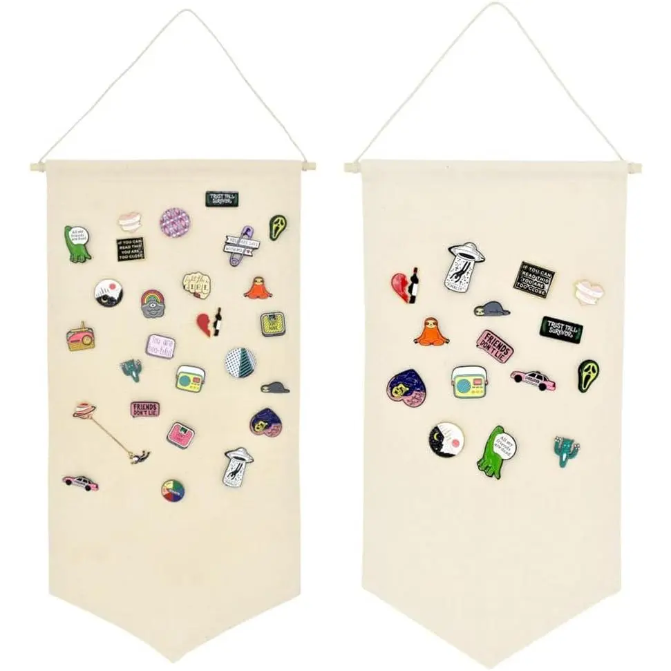 Wall Hanging Brooch Jewelry Storage Case, Canvas Enamel Pin Display Banner Holder, Glitter Pin Collection Organizer for Earrings and Necklaces, Fall Wall Display Stand (Burlywood+Burlywood)