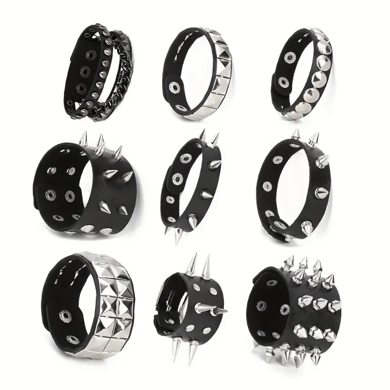 9Pcs Gothic Hip-Hop Punk Adjustable PU Leather Bracelet & Bangle Set - Studded Wristbands with Spiked Rivets, Chain, Star, Skull for Teenagers, Gothic Style, Bracelet Set, Fashion