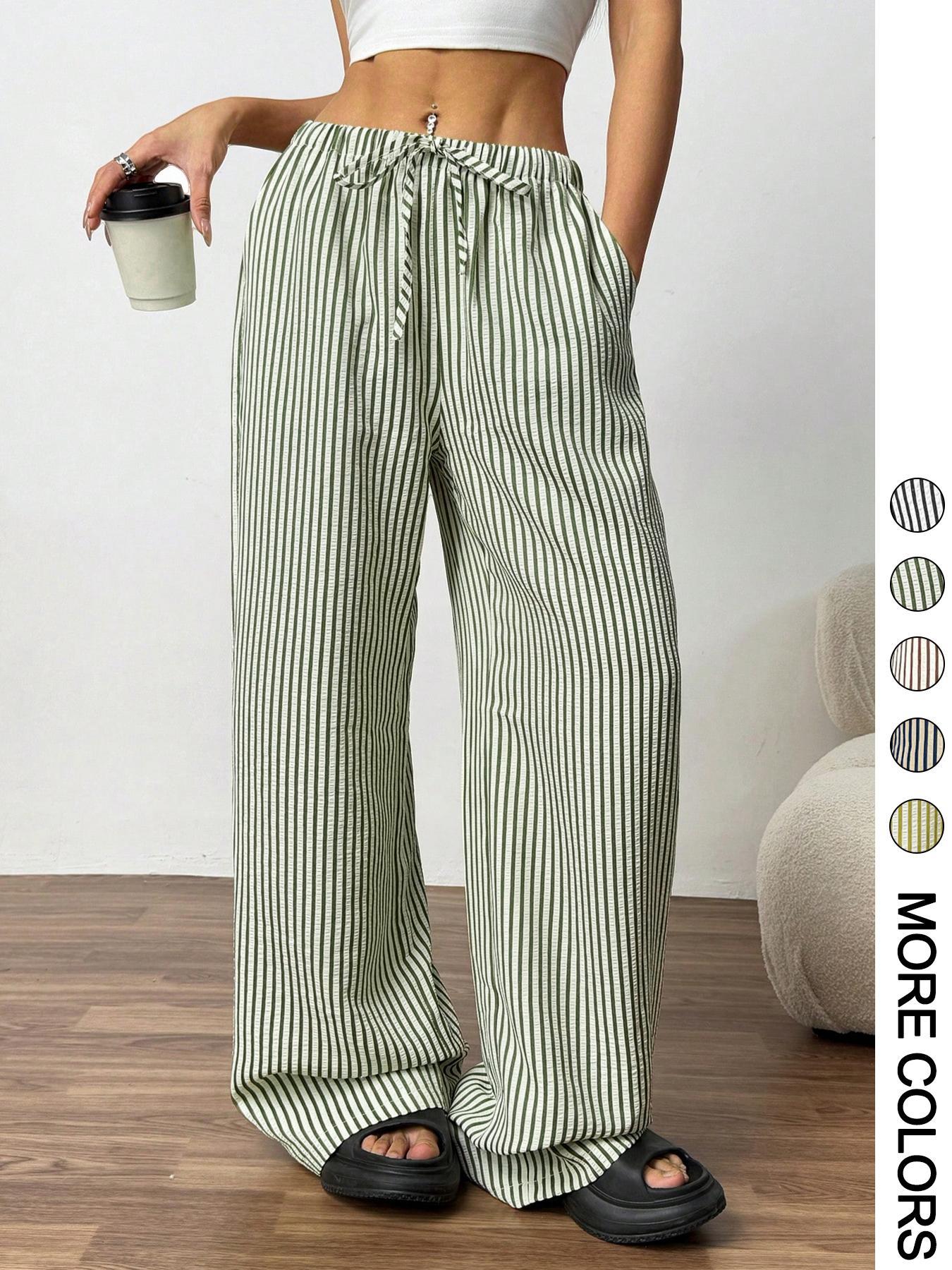 Women's Striped Print Drawstring Waist Pants, Casual Comfy Wide Leg Trousers for Daily Wear, Ladies Bottoms for All Seasons