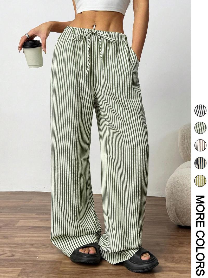 Valentine's Day Women's Striped Print Drawstring Waist Pants, Casual Comfy Wide Leg Trousers for Daily Wear, Ladies Bottoms for All Seasons