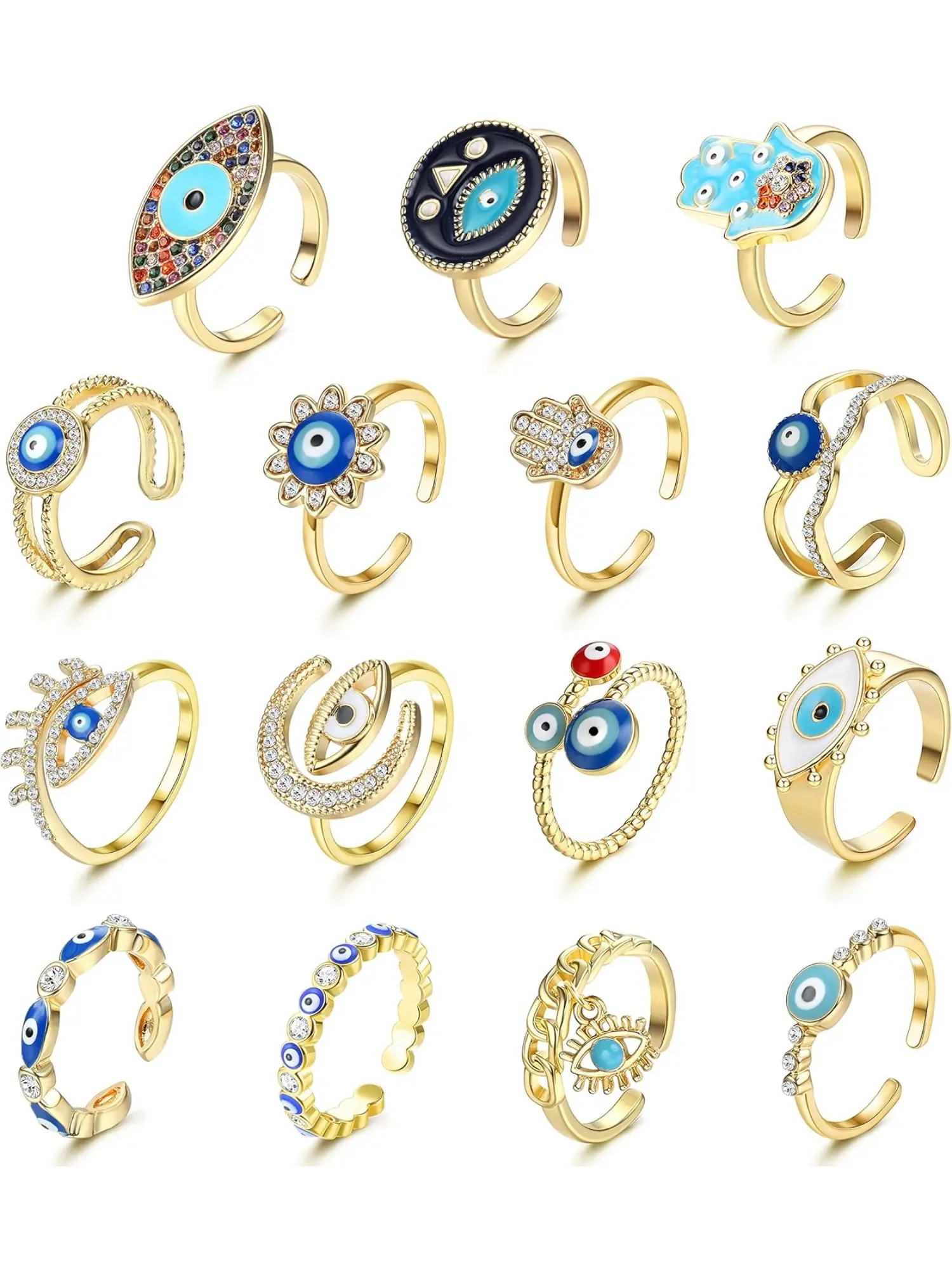 15Pcs Women 14K Gold Plated Evil Eye Adjustable Open Ring Bundle Ring Sets, Turkish Blue Eye Third Eye Hamsa Hand CZ Protection Stackable Rings