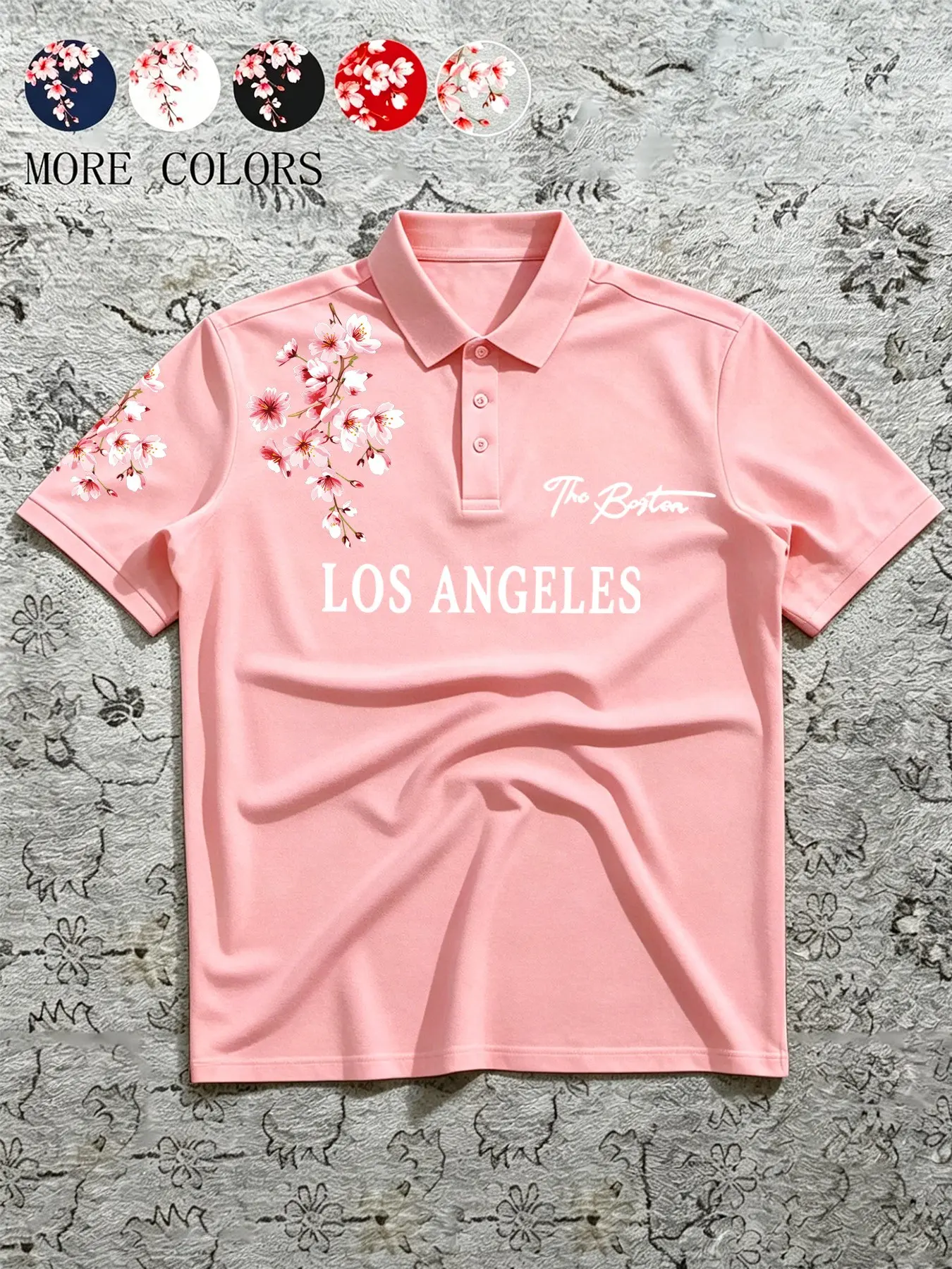 Men’s American casual street style Fitted Buttoned polo shirt with short sleeves, black polo shirt featuring Los Angeles Floral cherry blossom print, suitable for everyday commuting and casual wear.
