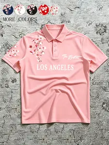 Men’s American casual street style Fitted polo shirt with short sleeves, black polo shirt featuring Los Angeles Floral cherry blossom print, suitable for everyday commuting and casual wear.