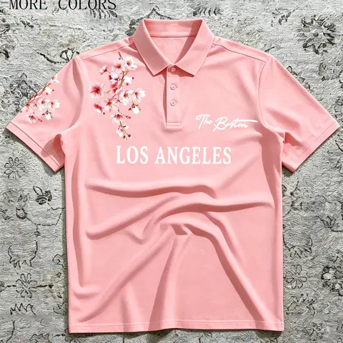 Men's Short Sleeve Polo Shirt, Los Angeles Cherry Blossom Floral Print, American Streetwear Style, for Everyday & Casual Wear