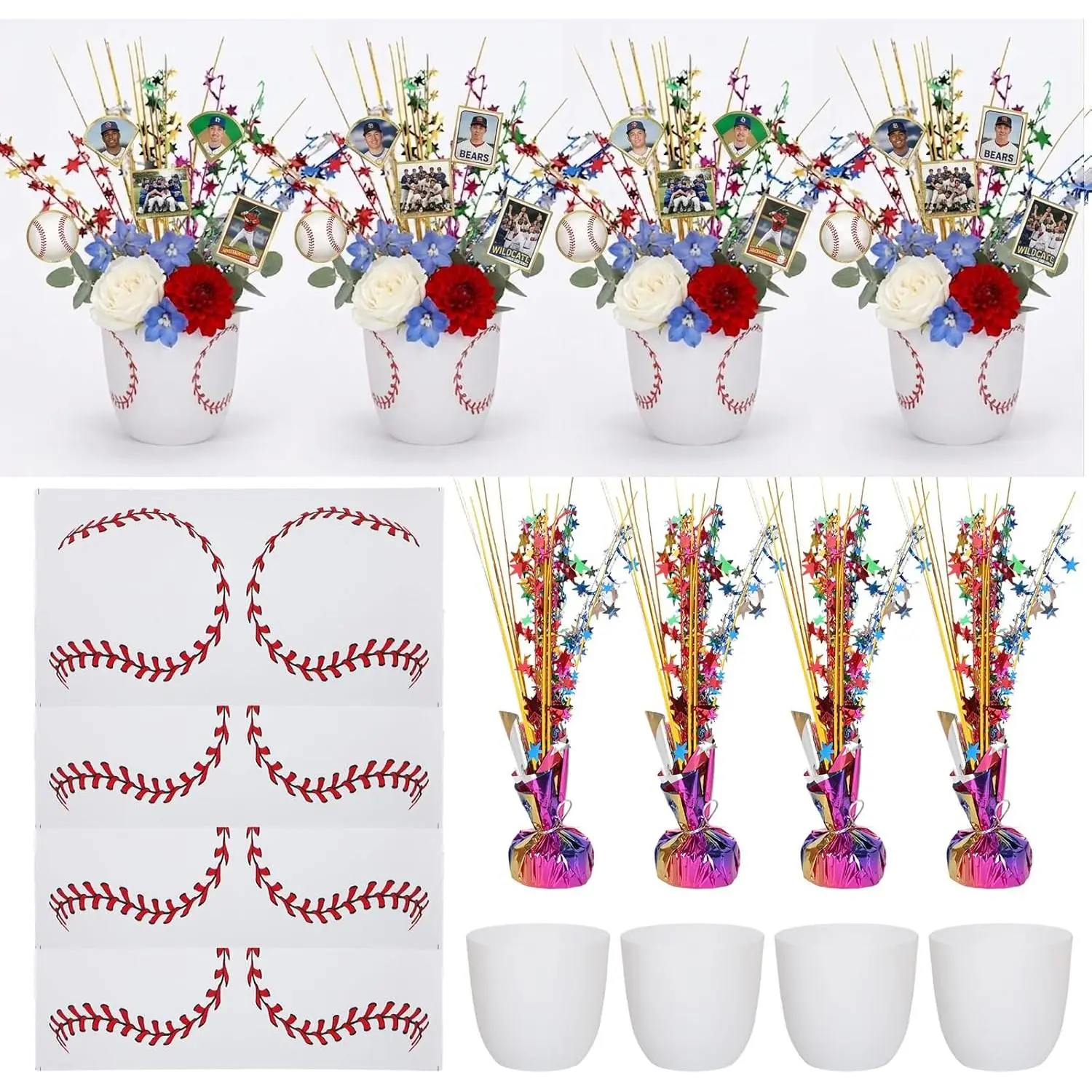 4 Pcs Baseball Centerpieces for Tables Baseball Themed Vase for Artificial Flowers Baseball Shaped Planter with Metallic Foil Centerpiece Wrapping Paper and Ribbons for Birthday Party Decorations (4)